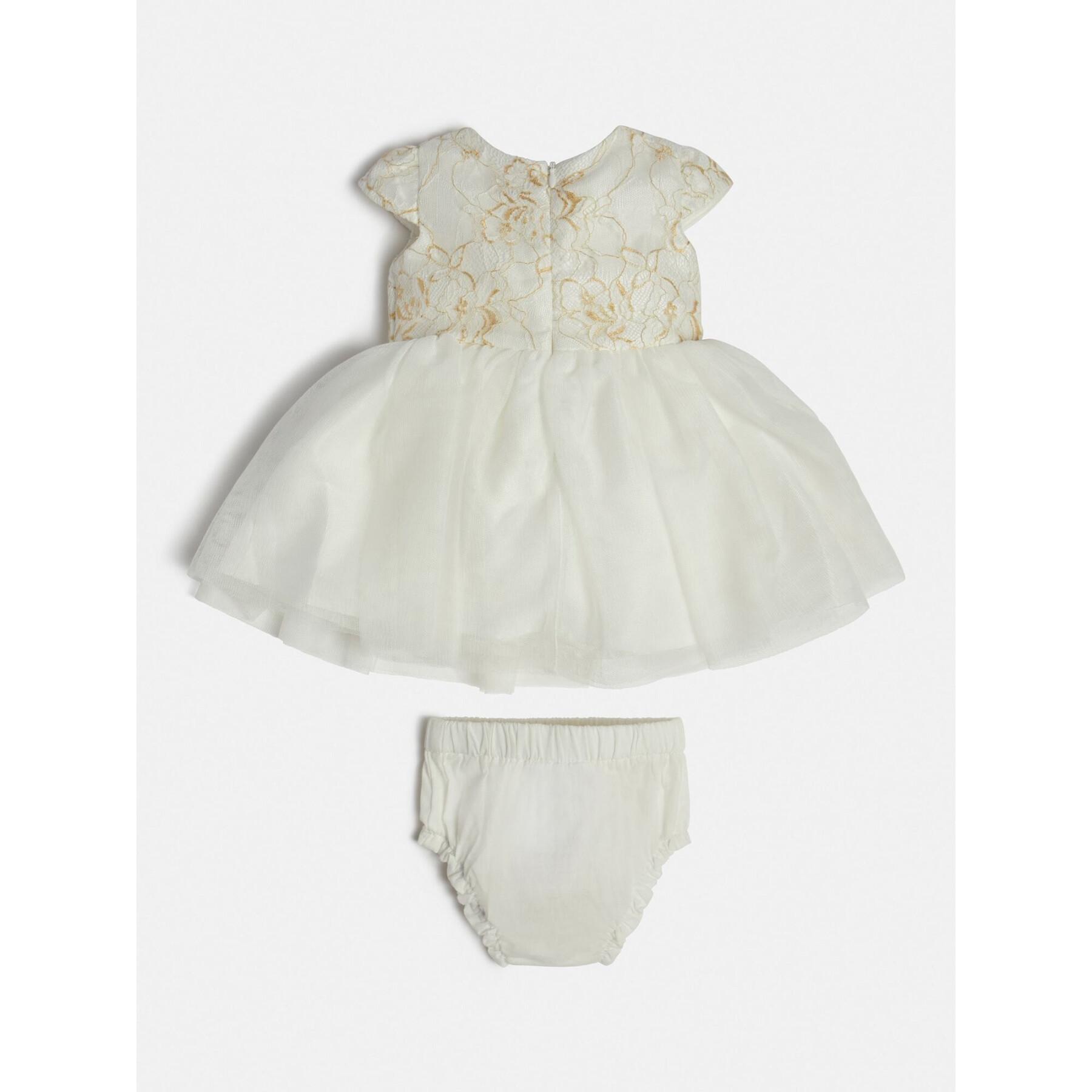 Gebloemde kanten jurk van gemengde stof + slipje voor babymeisjes Guess
